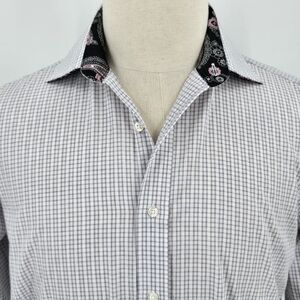 Christian Aujard Paris White with Grey Check Flip Cuff Dress Shirt Men's M